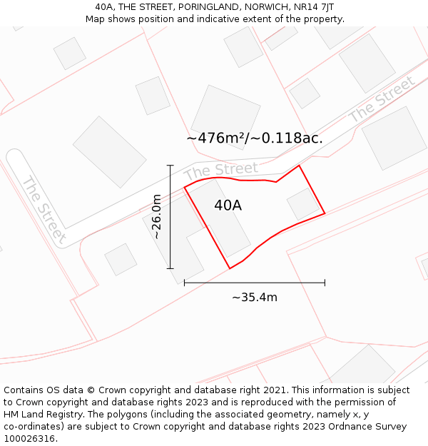 40A, THE STREET, PORINGLAND, NORWICH, NR14 7JT: Plot and title map