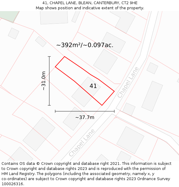 41, CHAPEL LANE, BLEAN, CANTERBURY, CT2 9HE: Plot and title map