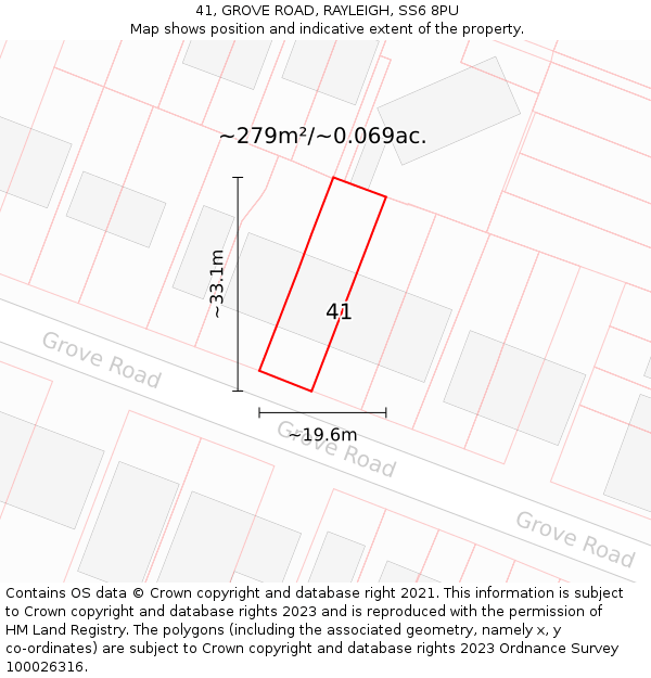 41, GROVE ROAD, RAYLEIGH, SS6 8PU: Plot and title map