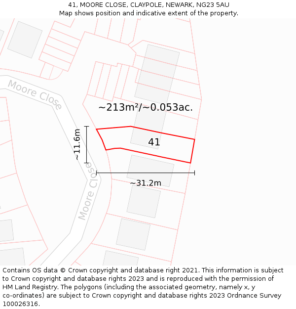 41, MOORE CLOSE, CLAYPOLE, NEWARK, NG23 5AU: Plot and title map