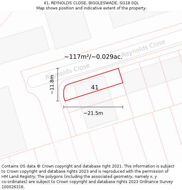 41, REYNOLDS CLOSE, BIGGLESWADE, SG18 0QL: Plot and title map