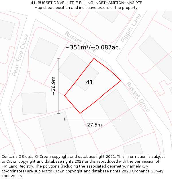 41, RUSSET DRIVE, LITTLE BILLING, NORTHAMPTON, NN3 9TF: Plot and title map