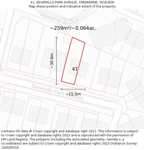 41, SEVERALLS PARK AVENUE, CREWKERNE, TA18 8DR: Plot and title map