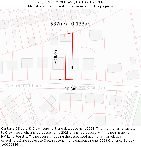 41, WESTERCROFT LANE, HALIFAX, HX3 7EN: Plot and title map