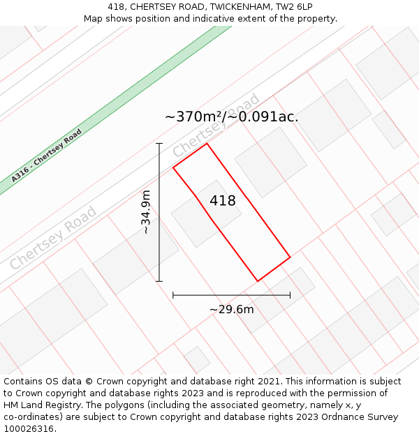 418, CHERTSEY ROAD, TWICKENHAM, TW2 6LP: Plot and title map