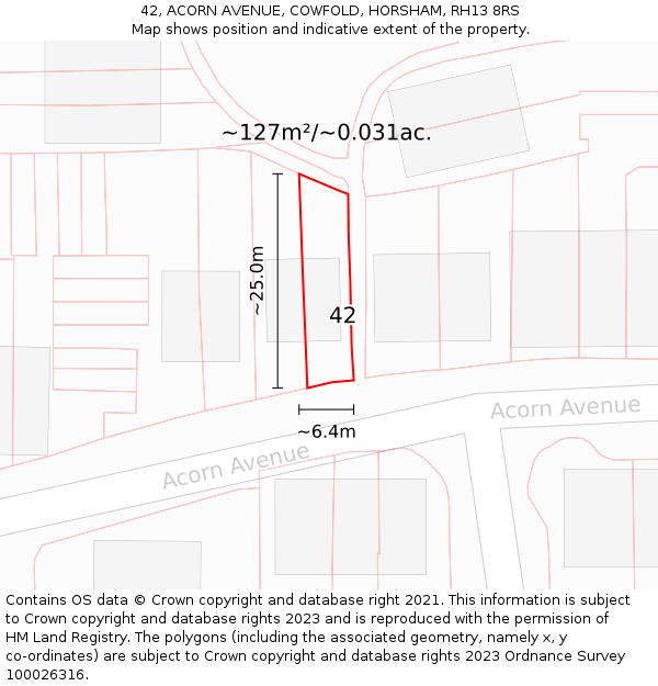 42, ACORN AVENUE, COWFOLD, HORSHAM, RH13 8RS: Plot and title map