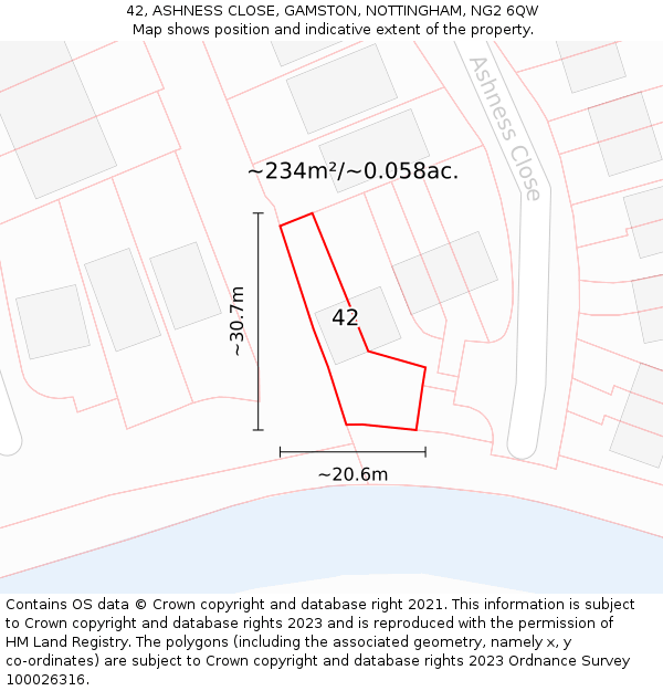 42, ASHNESS CLOSE, GAMSTON, NOTTINGHAM, NG2 6QW: Plot and title map
