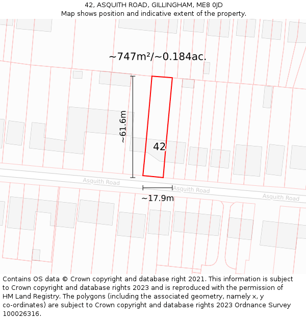 42, ASQUITH ROAD, GILLINGHAM, ME8 0JD: Plot and title map