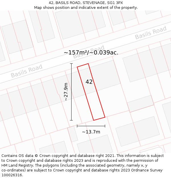 42, BASILS ROAD, STEVENAGE, SG1 3PX: Plot and title map