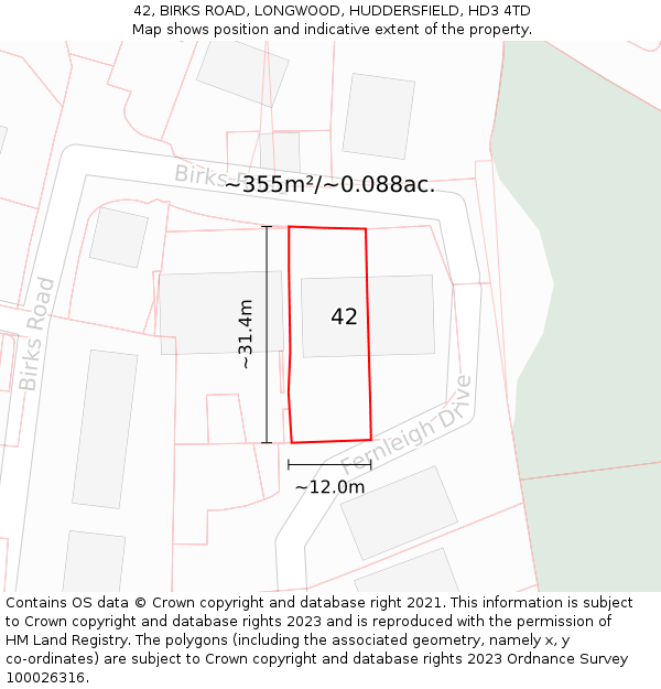 42, BIRKS ROAD, LONGWOOD, HUDDERSFIELD, HD3 4TD: Plot and title map