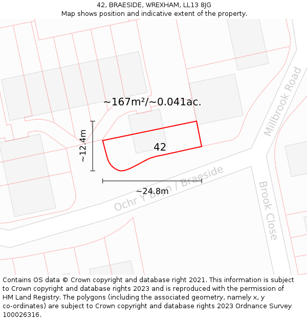 42, BRAESIDE, WREXHAM, LL13 8JG: Plot and title map