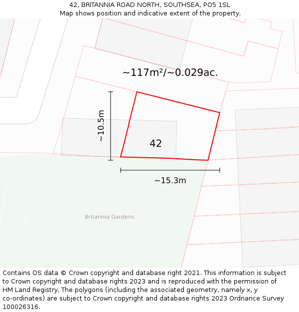 42, BRITANNIA ROAD NORTH, SOUTHSEA, PO5 1SL: Plot and title map