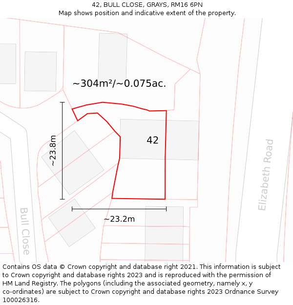 42, BULL CLOSE, GRAYS, RM16 6PN: Plot and title map