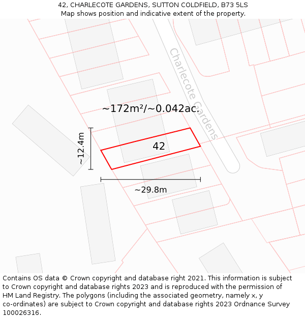 42, CHARLECOTE GARDENS, SUTTON COLDFIELD, B73 5LS: Plot and title map