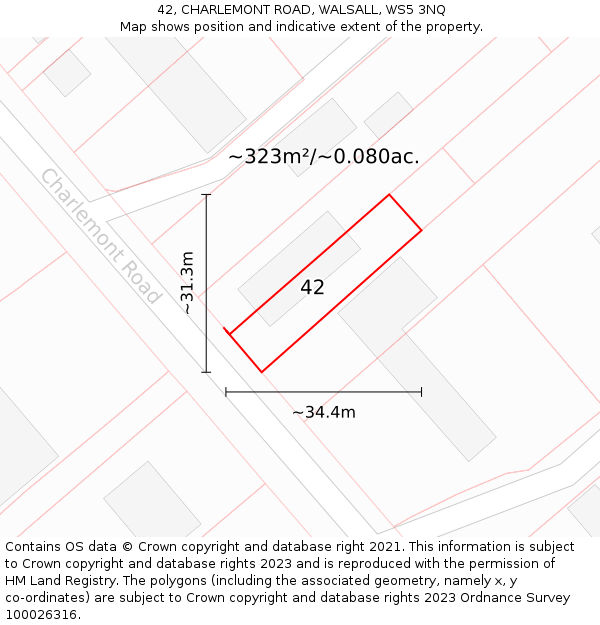 42, CHARLEMONT ROAD, WALSALL, WS5 3NQ: Plot and title map