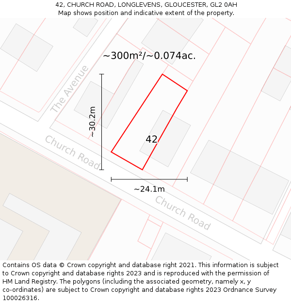 42, CHURCH ROAD, LONGLEVENS, GLOUCESTER, GL2 0AH: Plot and title map