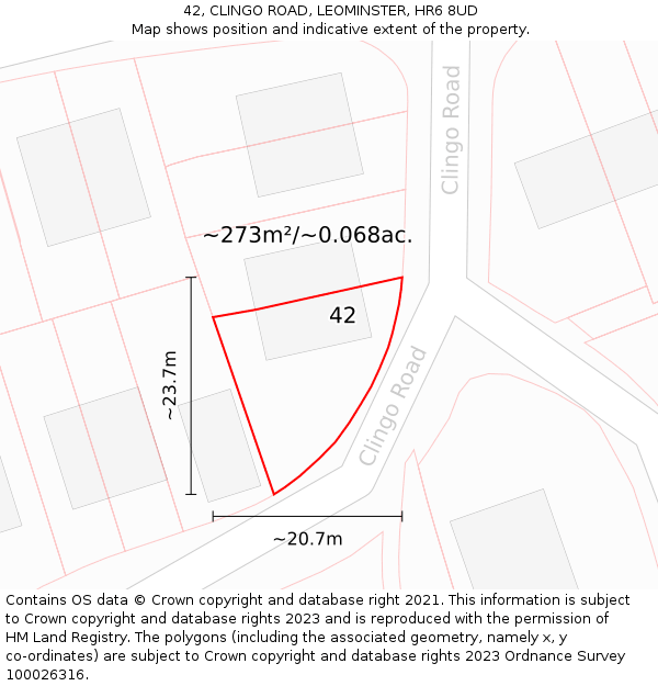 42, CLINGO ROAD, LEOMINSTER, HR6 8UD: Plot and title map