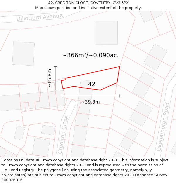 42, CREDITON CLOSE, COVENTRY, CV3 5PX: Plot and title map