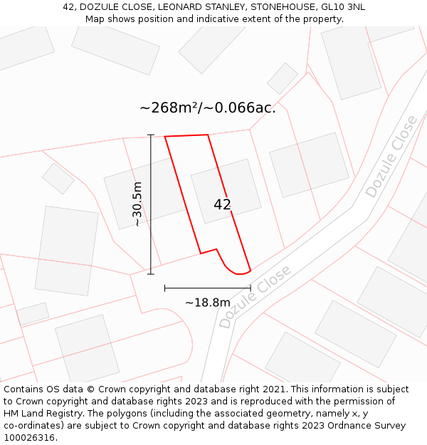 42, DOZULE CLOSE, LEONARD STANLEY, STONEHOUSE, GL10 3NL: Plot and title map