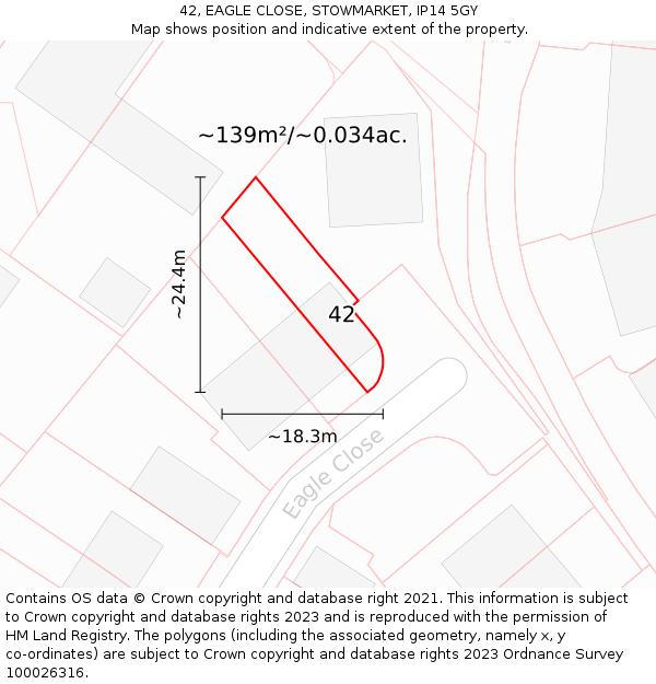 42, EAGLE CLOSE, STOWMARKET, IP14 5GY: Plot and title map