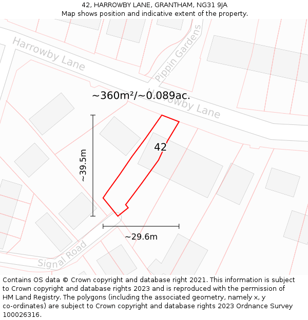 42, HARROWBY LANE, GRANTHAM, NG31 9JA: Plot and title map