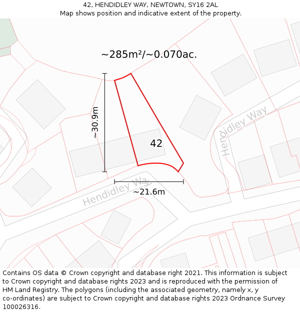 42, HENDIDLEY WAY, NEWTOWN, SY16 2AL: Plot and title map