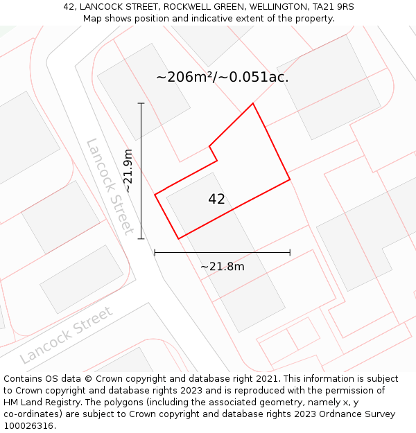 42, LANCOCK STREET, ROCKWELL GREEN, WELLINGTON, TA21 9RS: Plot and title map