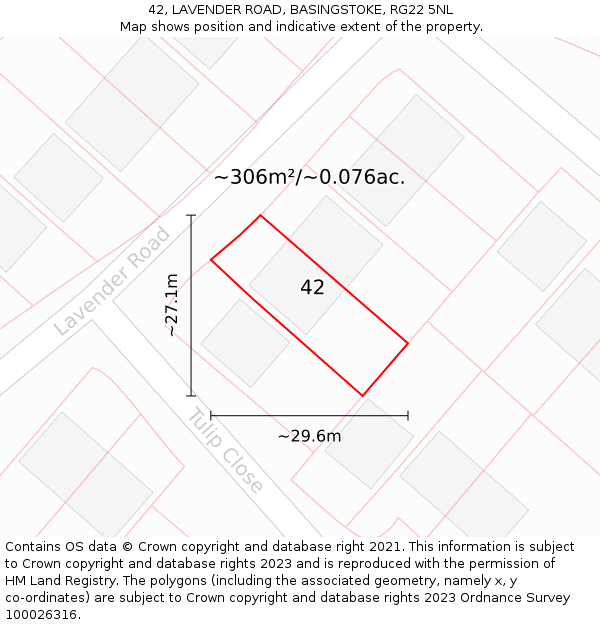 42, LAVENDER ROAD, BASINGSTOKE, RG22 5NL: Plot and title map