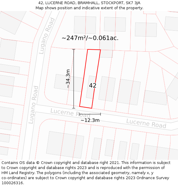 42, LUCERNE ROAD, BRAMHALL, STOCKPORT, SK7 3JA: Plot and title map