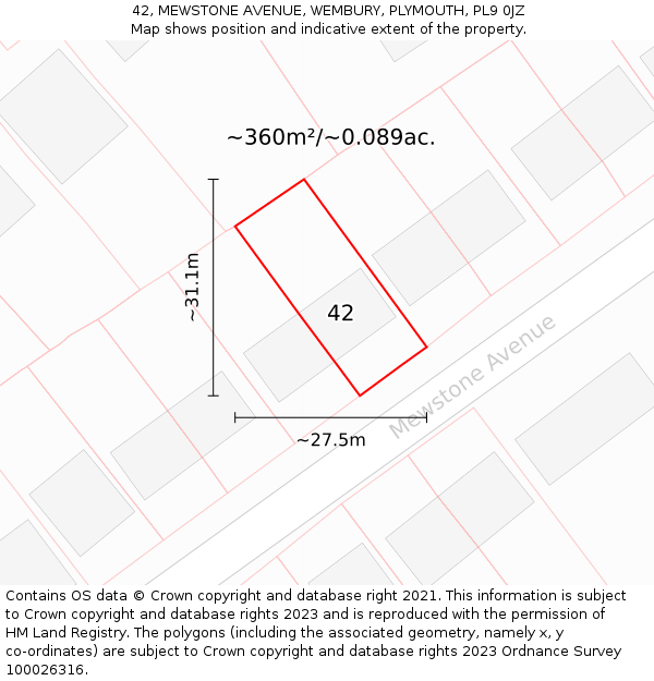 42, MEWSTONE AVENUE, WEMBURY, PLYMOUTH, PL9 0JZ: Plot and title map