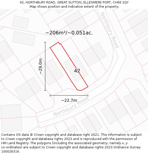 42, NORTHBURY ROAD, GREAT SUTTON, ELLESMERE PORT, CH66 2QY: Plot and title map