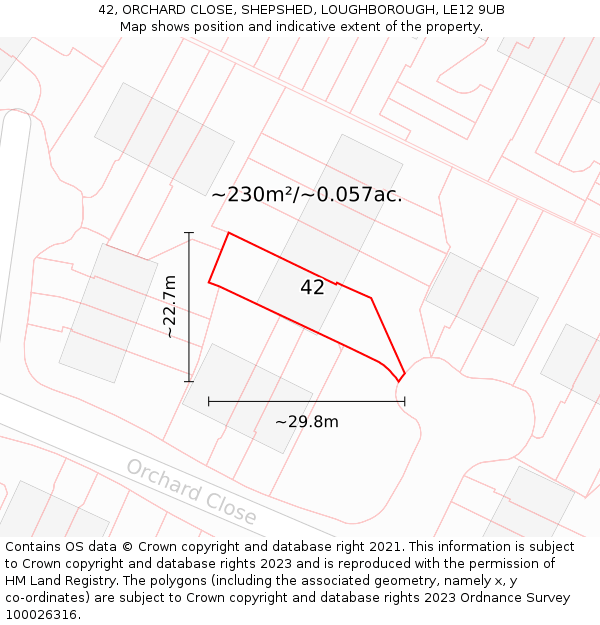 42, ORCHARD CLOSE, SHEPSHED, LOUGHBOROUGH, LE12 9UB: Plot and title map