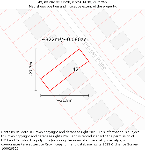 42, PRIMROSE RIDGE, GODALMING, GU7 2NX: Plot and title map