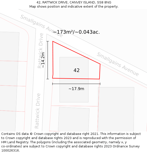 42, RATTWICK DRIVE, CANVEY ISLAND, SS8 8NG: Plot and title map