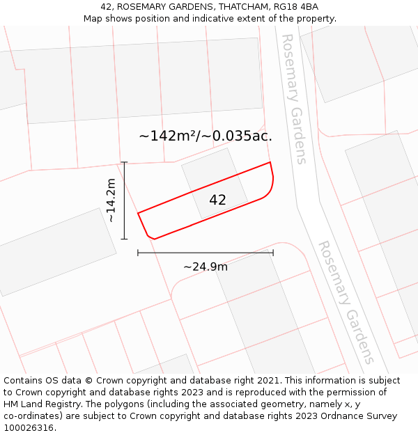 42, ROSEMARY GARDENS, THATCHAM, RG18 4BA: Plot and title map