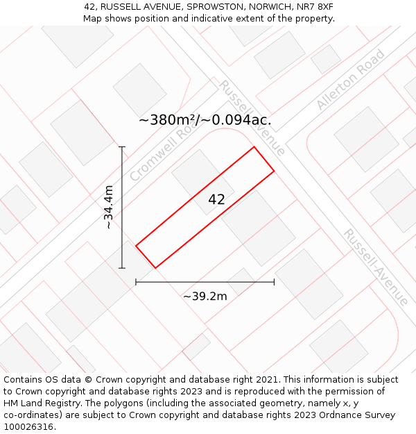 42, RUSSELL AVENUE, SPROWSTON, NORWICH, NR7 8XF: Plot and title map