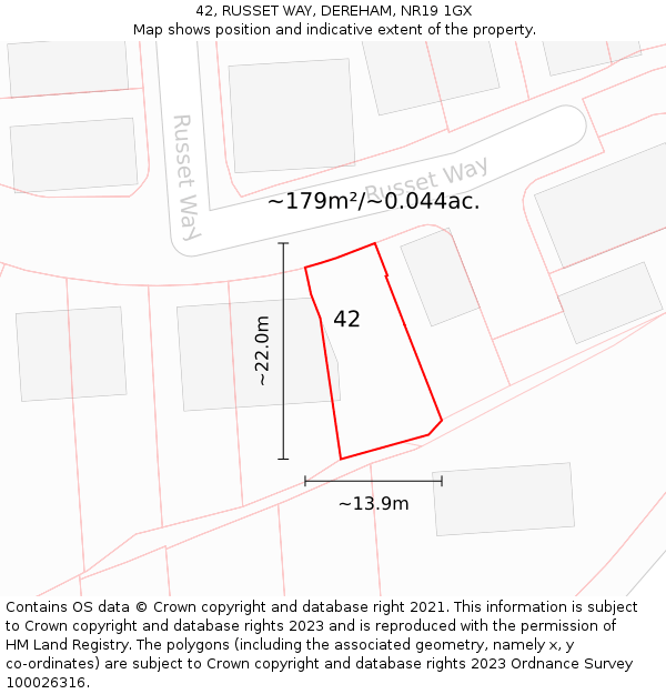 42, RUSSET WAY, DEREHAM, NR19 1GX: Plot and title map