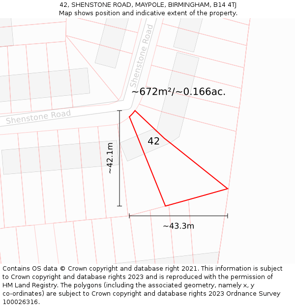 42, SHENSTONE ROAD, MAYPOLE, BIRMINGHAM, B14 4TJ: Plot and title map