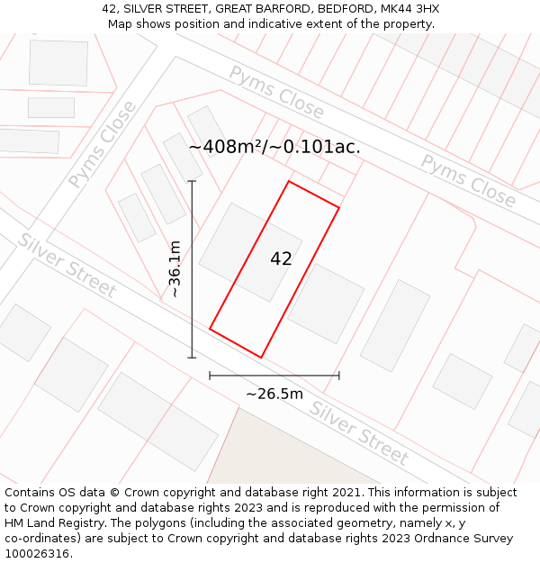 42, SILVER STREET, GREAT BARFORD, BEDFORD, MK44 3HX: Plot and title map