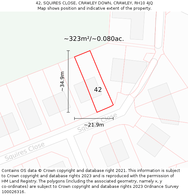 42, SQUIRES CLOSE, CRAWLEY DOWN, CRAWLEY, RH10 4JQ: Plot and title map