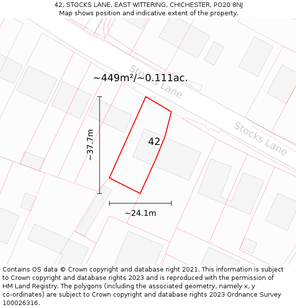 42, STOCKS LANE, EAST WITTERING, CHICHESTER, PO20 8NJ: Plot and title map