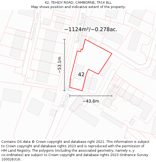 42, TEHIDY ROAD, CAMBORNE, TR14 8LL: Plot and title map