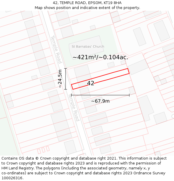 42, TEMPLE ROAD, EPSOM, KT19 8HA: Plot and title map