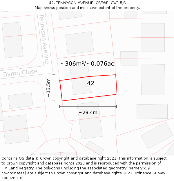 42, TENNYSON AVENUE, CREWE, CW1 5JS: Plot and title map