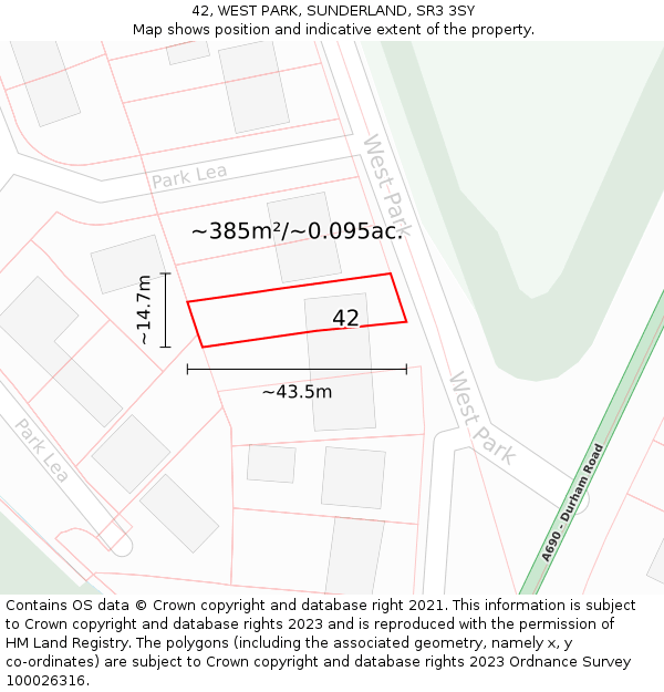 42, WEST PARK, SUNDERLAND, SR3 3SY: Plot and title map