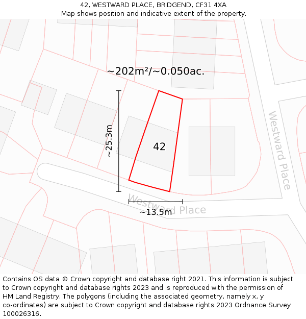 42, WESTWARD PLACE, BRIDGEND, CF31 4XA: Plot and title map