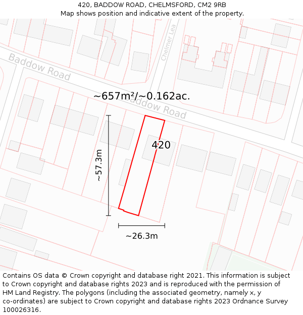 420, BADDOW ROAD, CHELMSFORD, CM2 9RB: Plot and title map