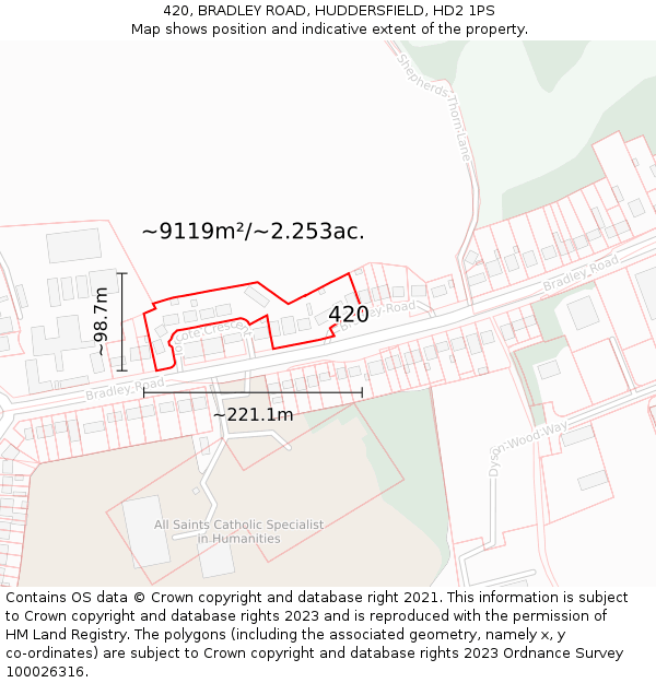 420, BRADLEY ROAD, HUDDERSFIELD, HD2 1PS: Plot and title map