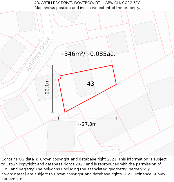 43, ARTILLERY DRIVE, DOVERCOURT, HARWICH, CO12 5FG: Plot and title map