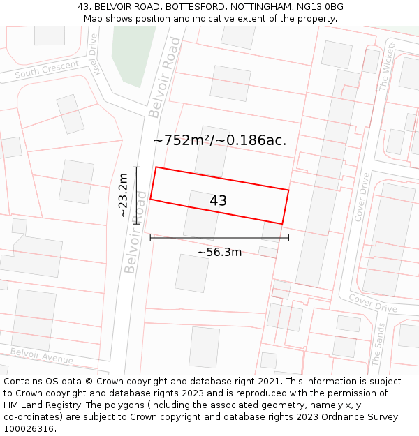 43, BELVOIR ROAD, BOTTESFORD, NOTTINGHAM, NG13 0BG: Plot and title map